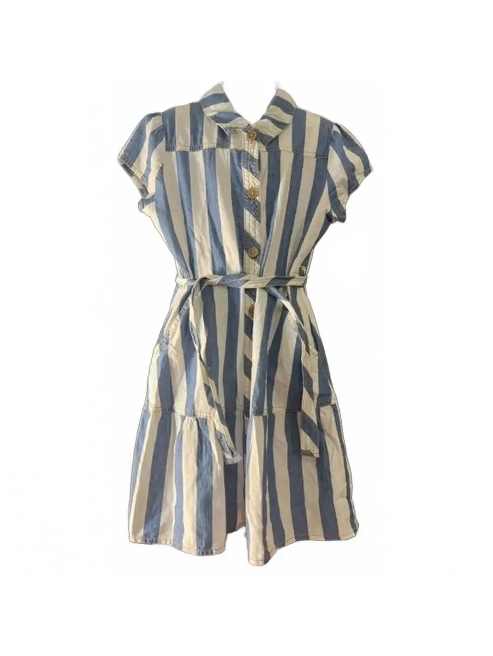 DRESS Blue and White Striped Button-Up Dress with Belt size M by wonder nation